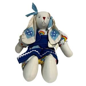 Vtg Handmade Muslin Floppy Eared Country Easter Bunny Rabbit w/Care Bears Dress